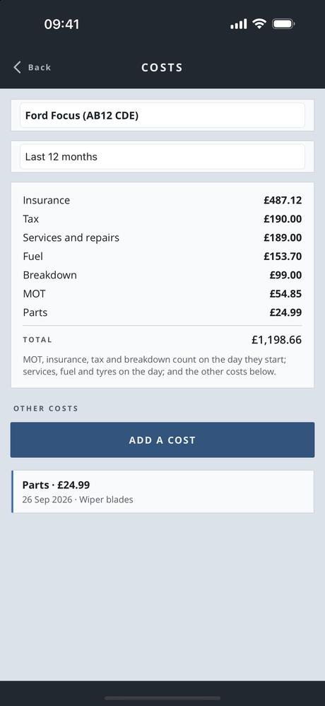 The costs screen in Car Portfolio