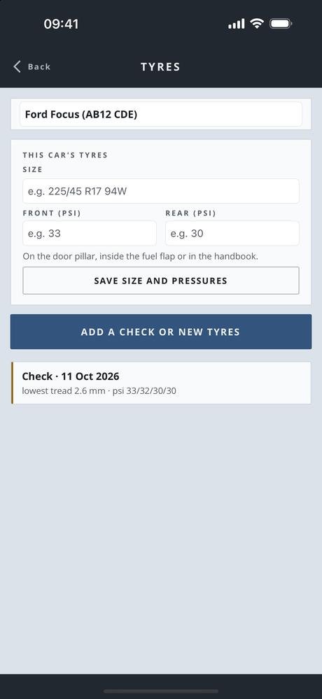 The tyres screen in Car Portfolio