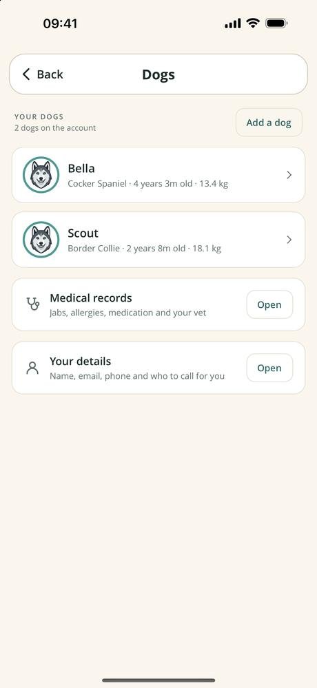 Dogs screen listing two dogs with their breed, age and weight