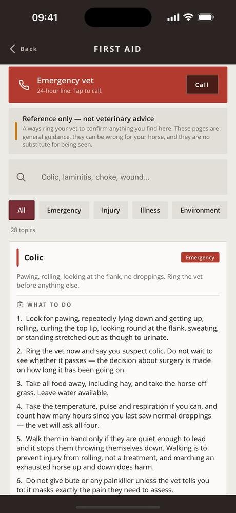 The colic topic opened showing numbered steps