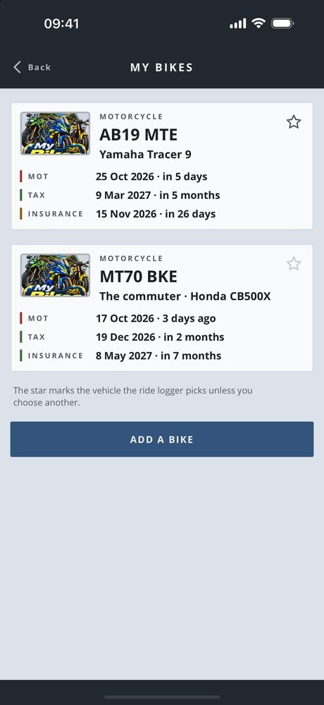The My bikes screen in MotoMate