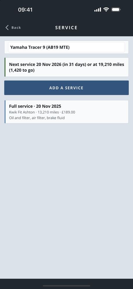 The service screen in MotoMate