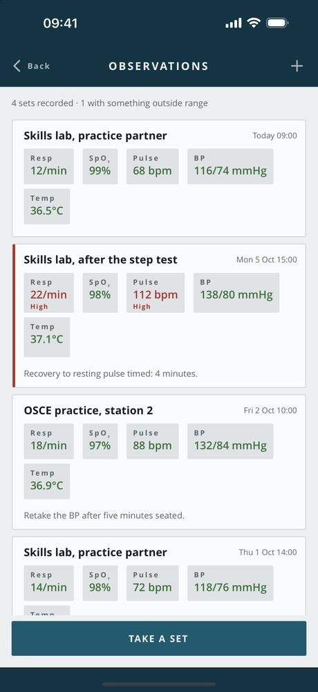 Observation sets in Physio Student